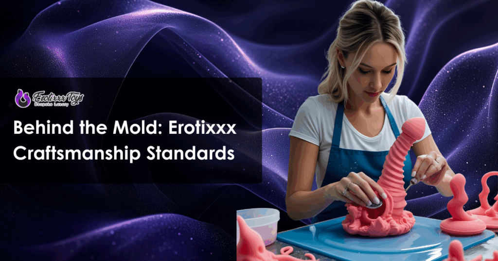 Female artisan hand-finishes a pink textured fantasy dildo on silicone mat, demonstrating Erotixxx Toys’ seven-step craftsmanship process.