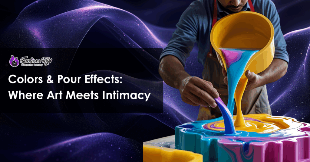 Artisan pours vibrant galaxy swirl silicone into fantasy mold at Erotixxx Toys workshop, highlighting custom color effects in platinum-cured dildos.