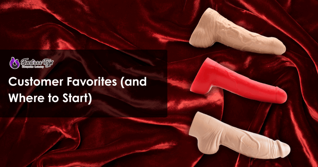 Three fantasy dildos from Erotixxx Toys shown on red velvet—bestsellers in platinum silicone