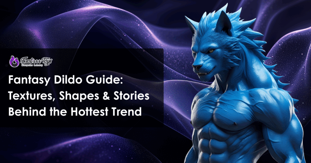 Blue anthropomorphic werewolf character poses confidently, representing the creature lore and imaginative designs behind Erotixxx Toys' fantasy dildos.