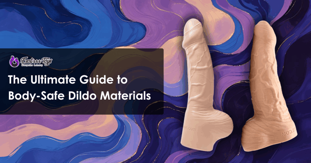 Two realistic platinum silicone dildos from Erotixxx Toys beside headline “The Ultimate Guide to Body-Safe Dildo Materials.
