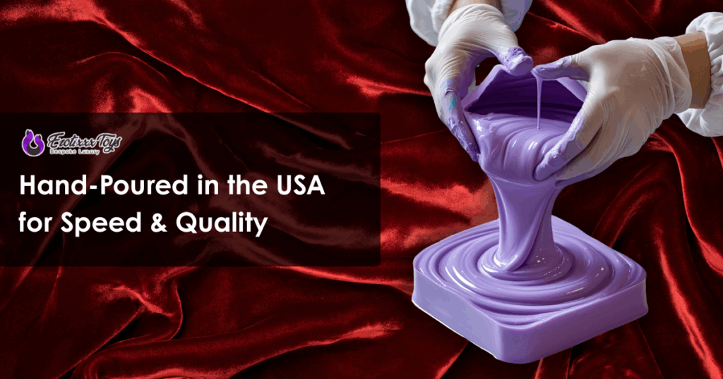 Lavender silicone being hand-poured into a mold at Erotixxx Toys to make platinum fantasy dildos