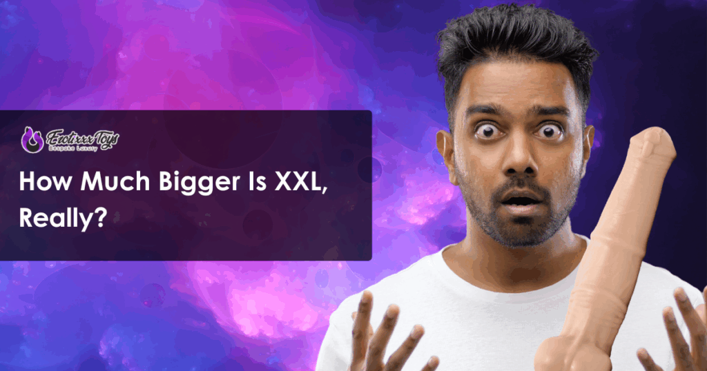 Surprised man reacting to extra large dildo from Erotixxx Toys, fantasy design on space background