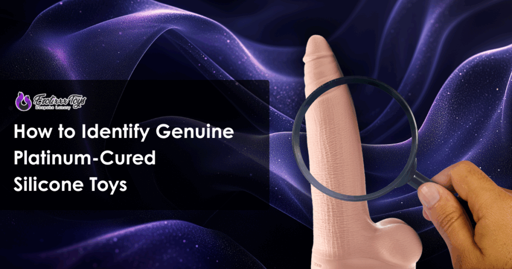 A hand holding a magnifying glass over a silicone toy with text that reads “How to Identify Genuine Platinum-Cured Silicone Toys” on a cosmic background.