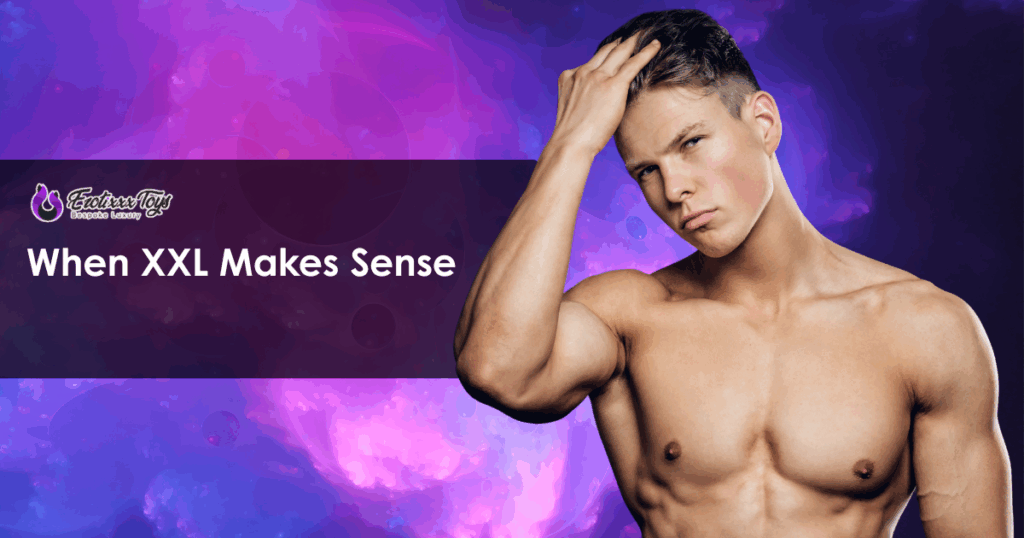Confident man considering XXL dildo size progression on purple galaxy background from Erotixxx Toys