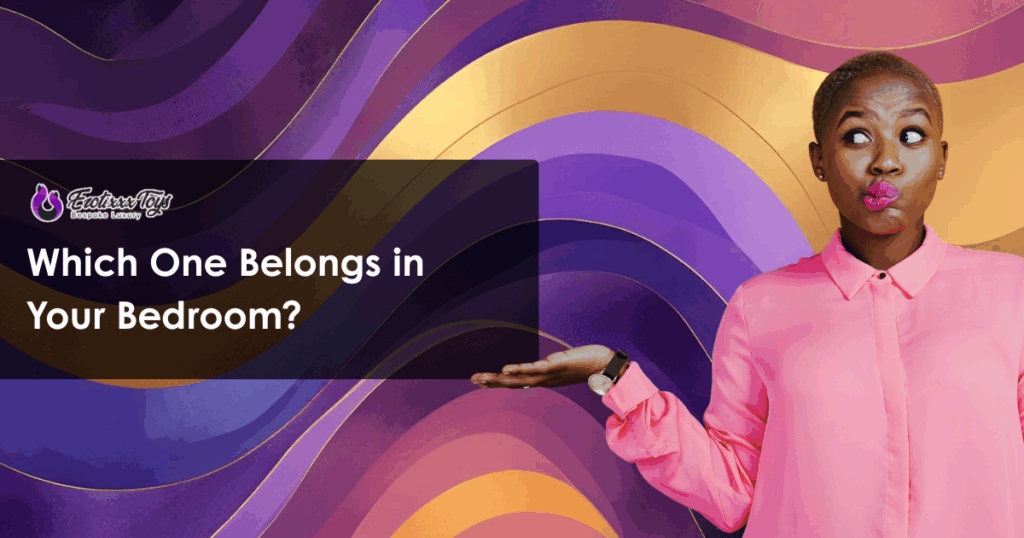 Woman in a bright pink shirt looking curious while gesturing with her hands, set against a wavy purple and gold abstract background.