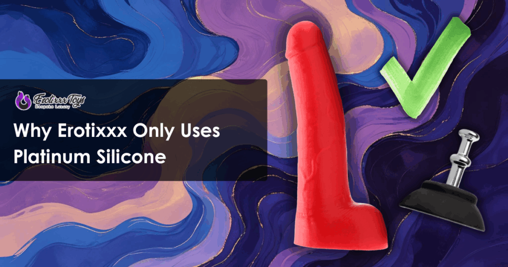 Red platinum silicone dildo with green check and steel plug showcasing Erotixxx Toys’ material standards.