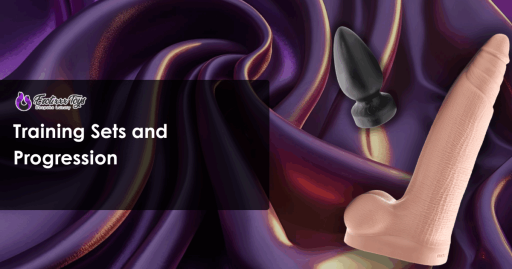 Realistic dildo and silicone plug shown on silk to illustrate training progression — Erotixxx Toys sizing tips