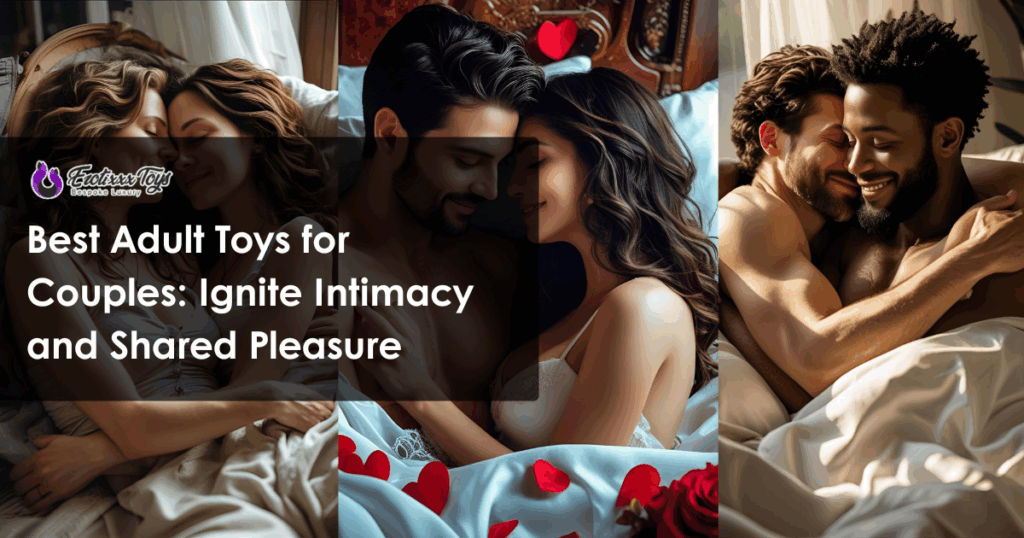 Three diverse couples cuddling in bed surrounded by rose petals, Erotixxx Toys best adult toys for couples