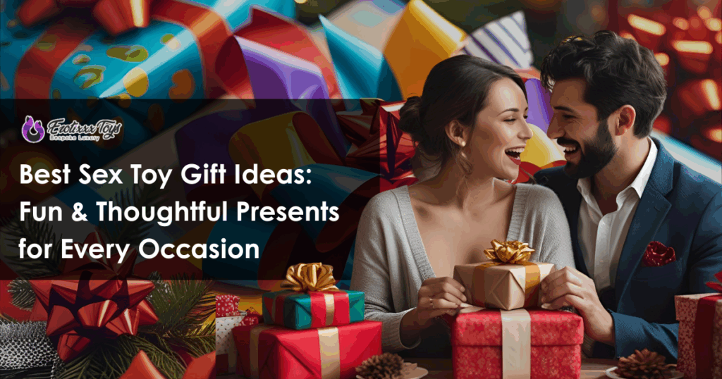 Couple exchanging elegant sex toy gift with luxurious packaging surrounded by premium presents from Erotixxx Toys collection.