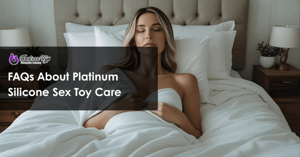 Woman relaxing in bed, wrapped in white sheets, representing care tips for platinum silicone sex toys by Erotixxx Toys.