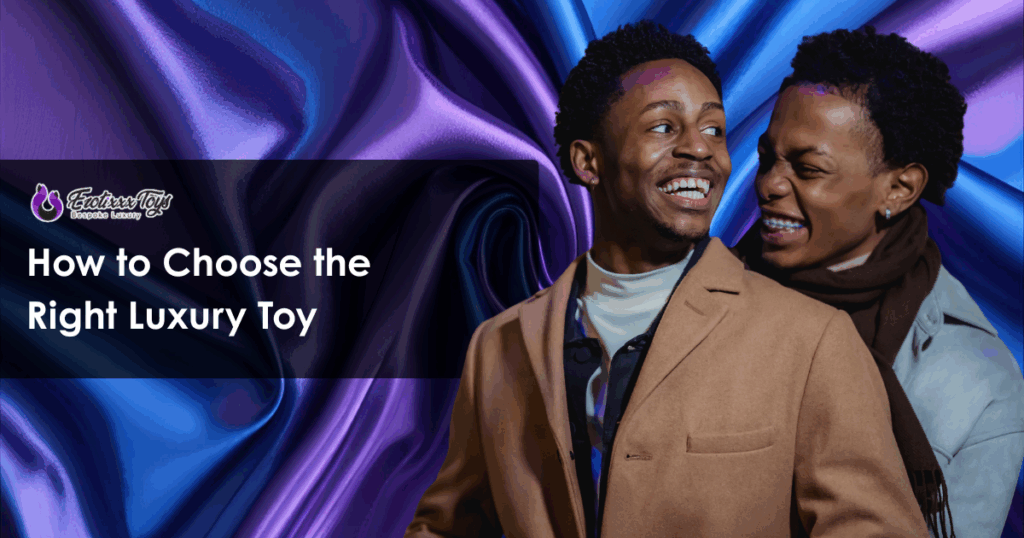 Laughing couple against luxurious purple and blue silk fabrics, embodying the joy and connection Erotixxx Toys products help create.