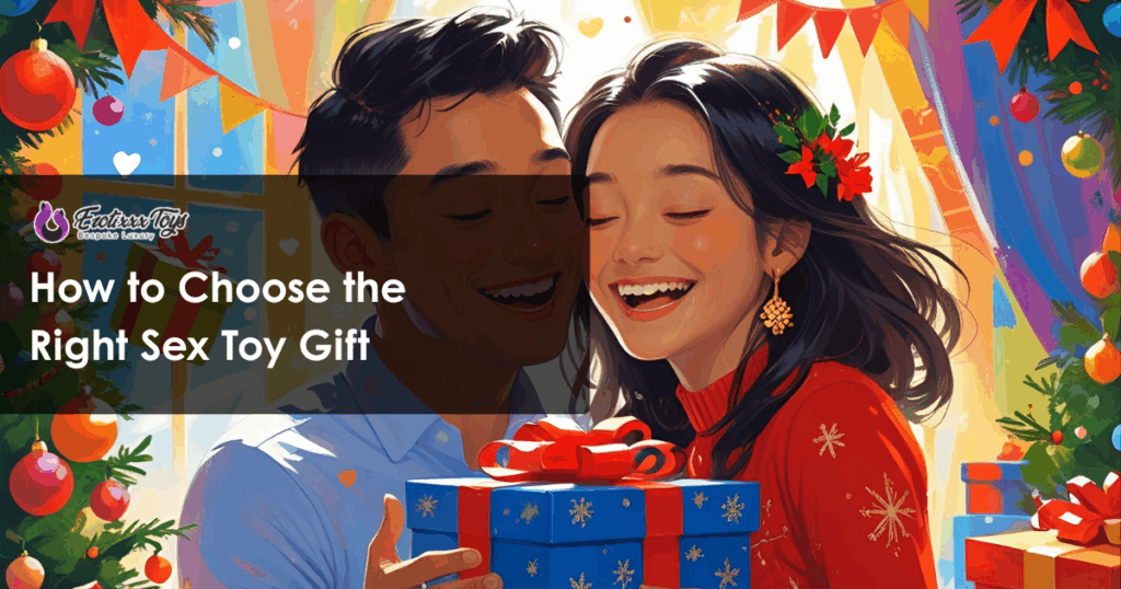 Couple exchanging holiday sex toy gift with festive decorations in background - Erotixxx Toys seasonal gift guide.