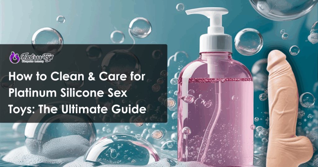 Pink soap dispenser, realistic silicone dildo, and bubbles showing how to clean platinum silicone sex toys by Erotixxx Toys.