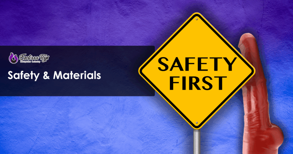 Yellow caution sign reading “Safety First” next to red fantasy dildo — Erotixxx Toys