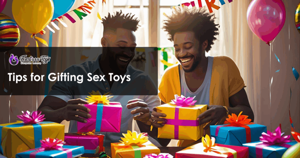 Friends sharing exciting sex toy gift exchange with colorful wrapped presents from Erotixxx Toys at celebration party.