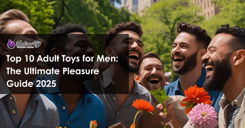 Group of diverse men laughing together outdoors, holding flowers, with Erotixxx Toys logo and “Top 10 Adult Toys for Men: The Ultimate Pleasure Guide 2025” text overlay