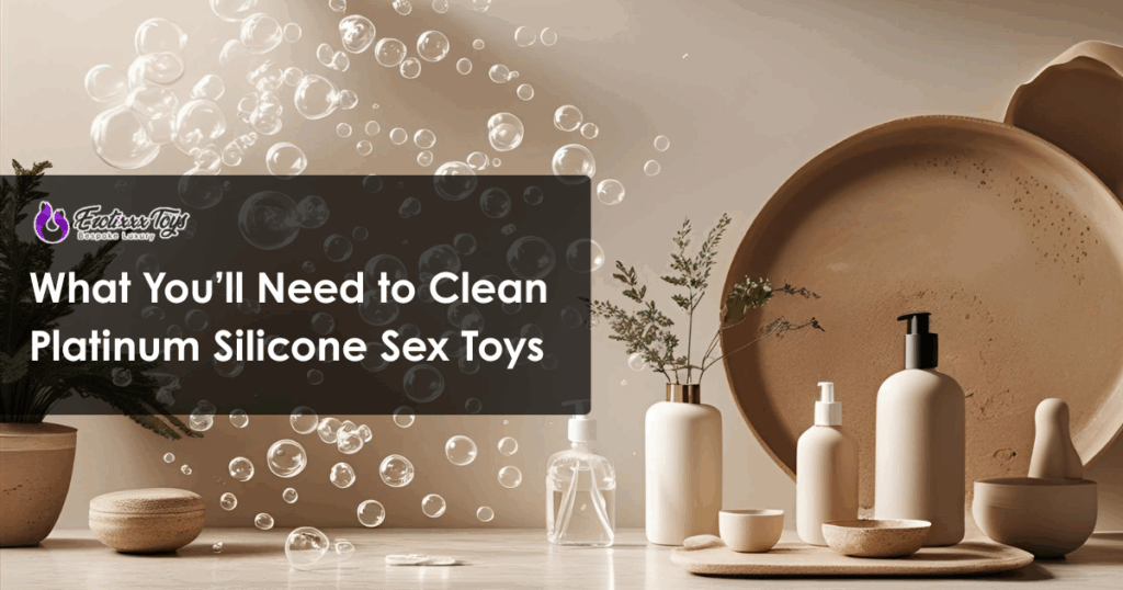 Assorted cleaning bottles and natural decor on a tray, essentials for cleaning platinum silicone sex toys by Erotixxx Toys.