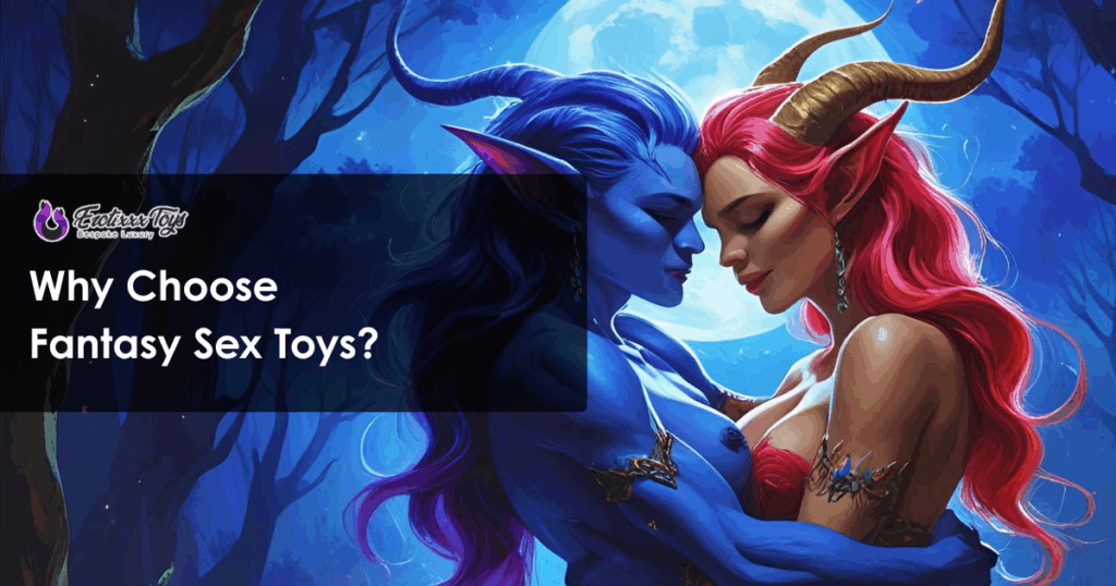 Erotixxx Toys fantasy sex toys blue demon and red succubus elves romantic embrace moonlit forest scene